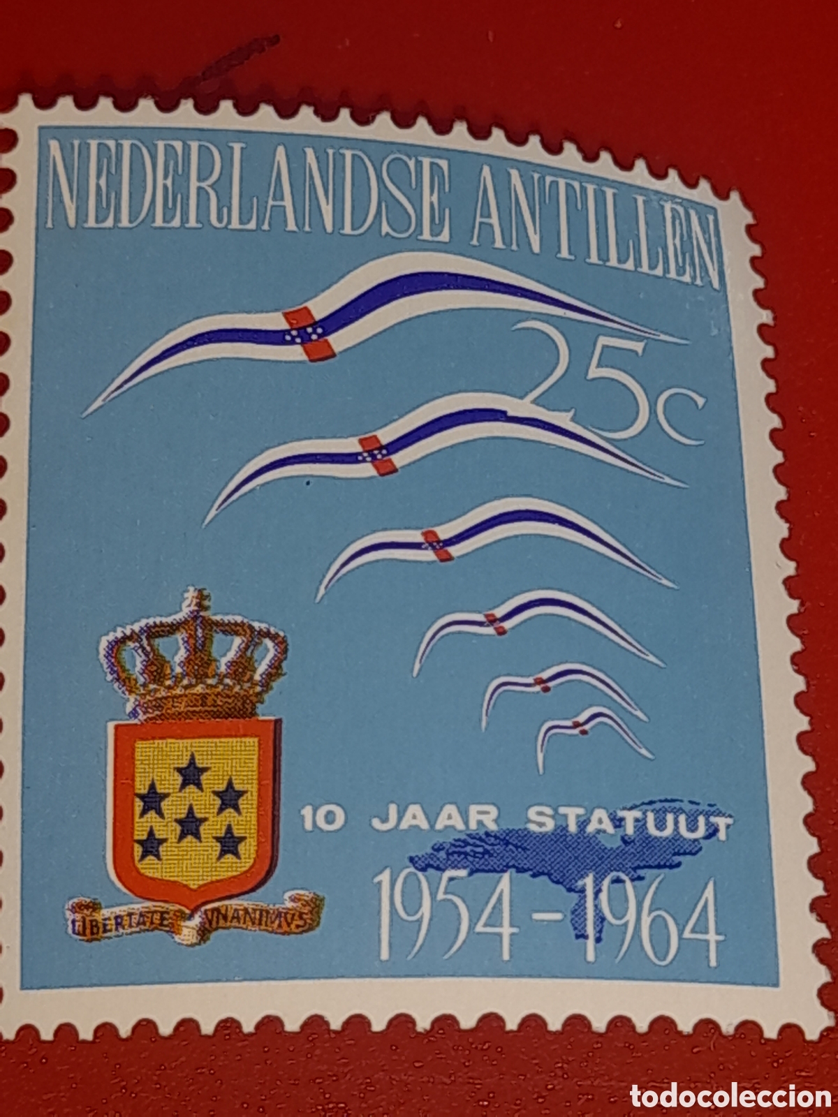 Sellos: Sello Antillas Holandesas nuevo 1964. 10Aniv estatuto. Escudo armas. Bandera. Aves. P&aacute;jaro. Alegoria