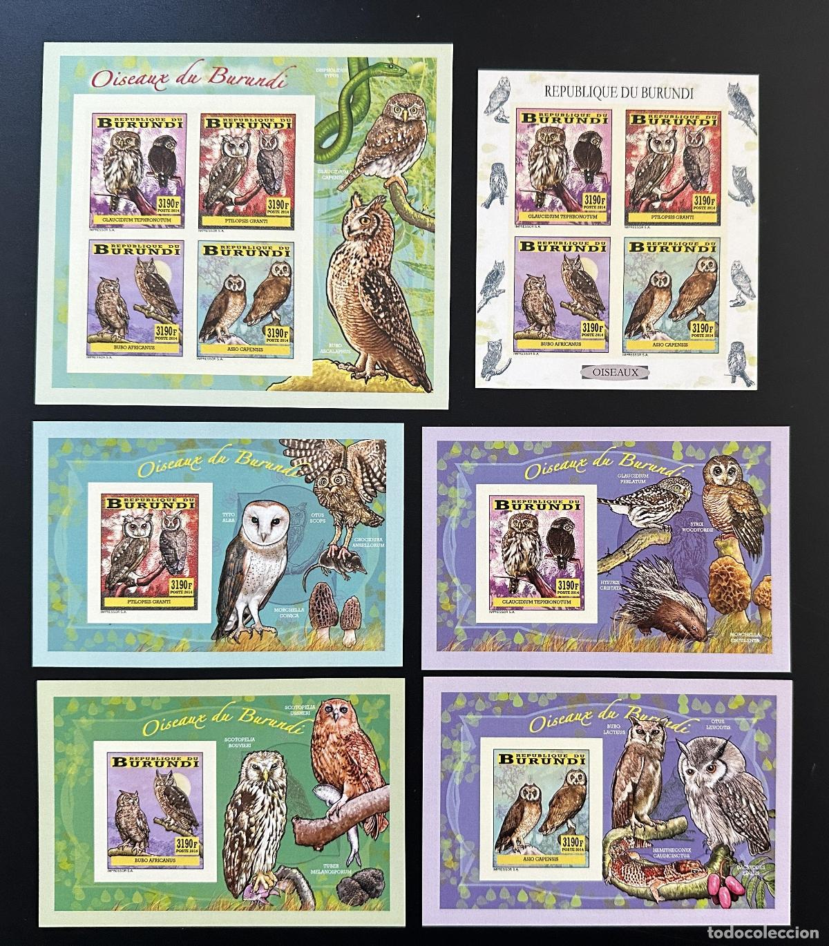 Sellos: Burundi 2014 Mi. 3353 - 3356 Bl. 403 406 ND P&aacute;jaros B&uacute;hos Eulen fauna silvestre