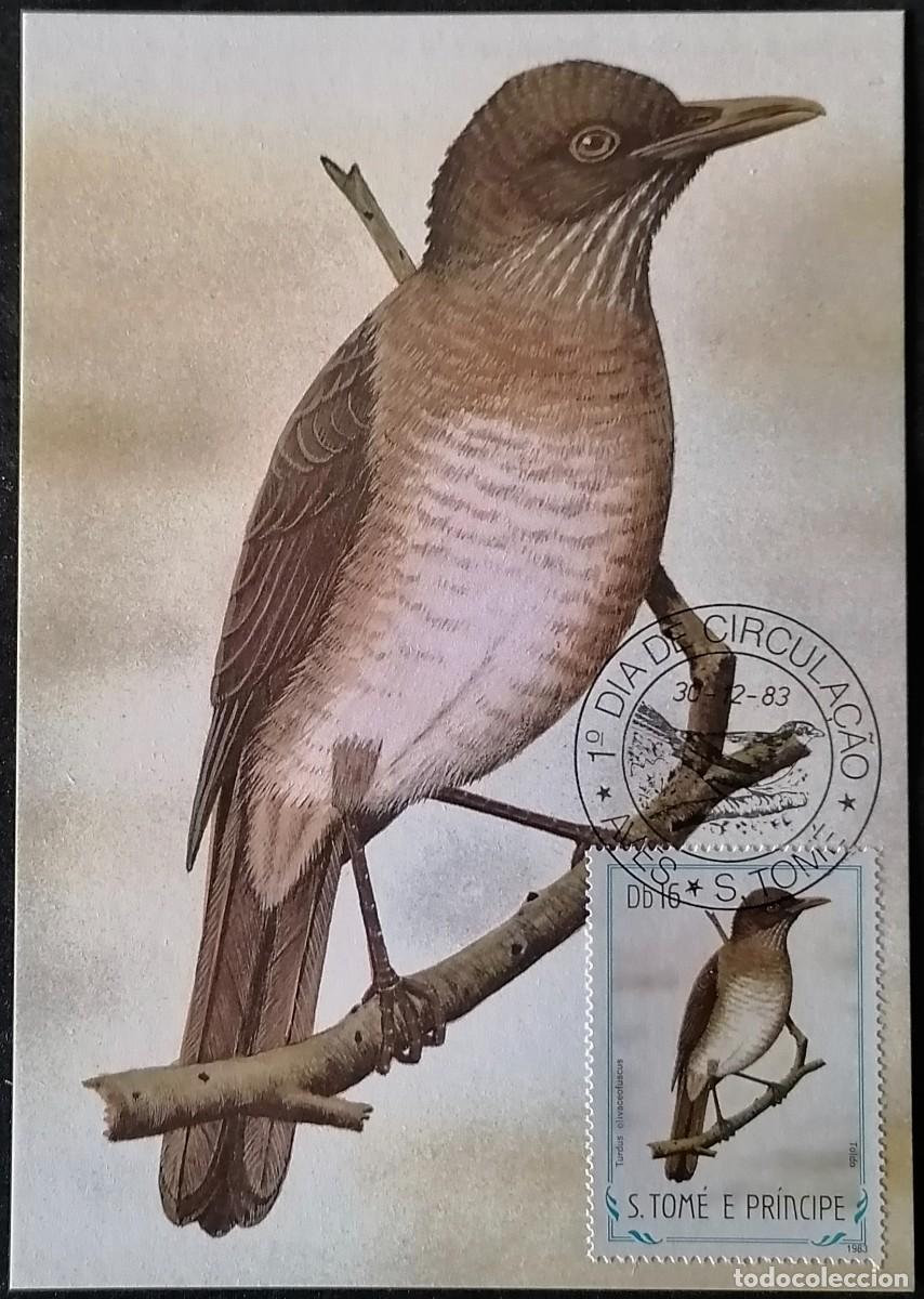 Sellos: SANTO TOM&Eacute; 1983 - TARJETA M&Aacute;X / TORDO PR&Iacute;NCIPE .
