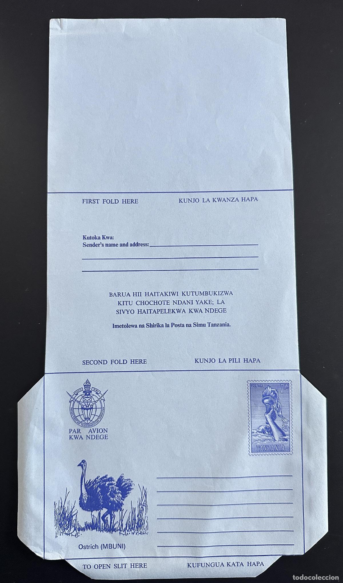 Sellos: Tanzania Aerogram Air papeler&iacute;a completa postal avestruz strau&szlig;