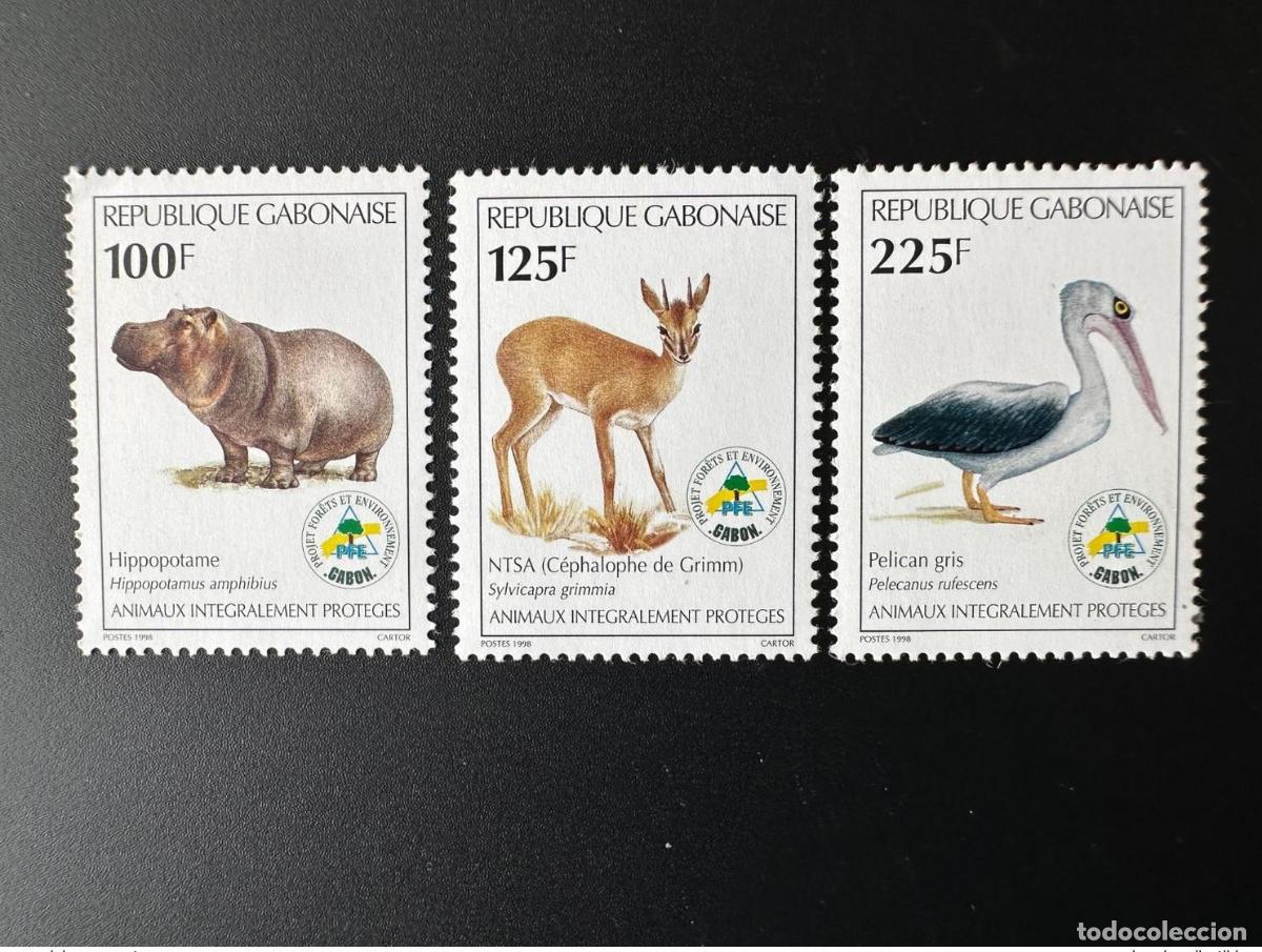 Sellos: Gab&oacute;n 1998 Mi. 1403 - 1405 Animales protegidos Vida silvestre Hipop&oacute;tamo Pel&iacute;cano &iexcl;RARO!