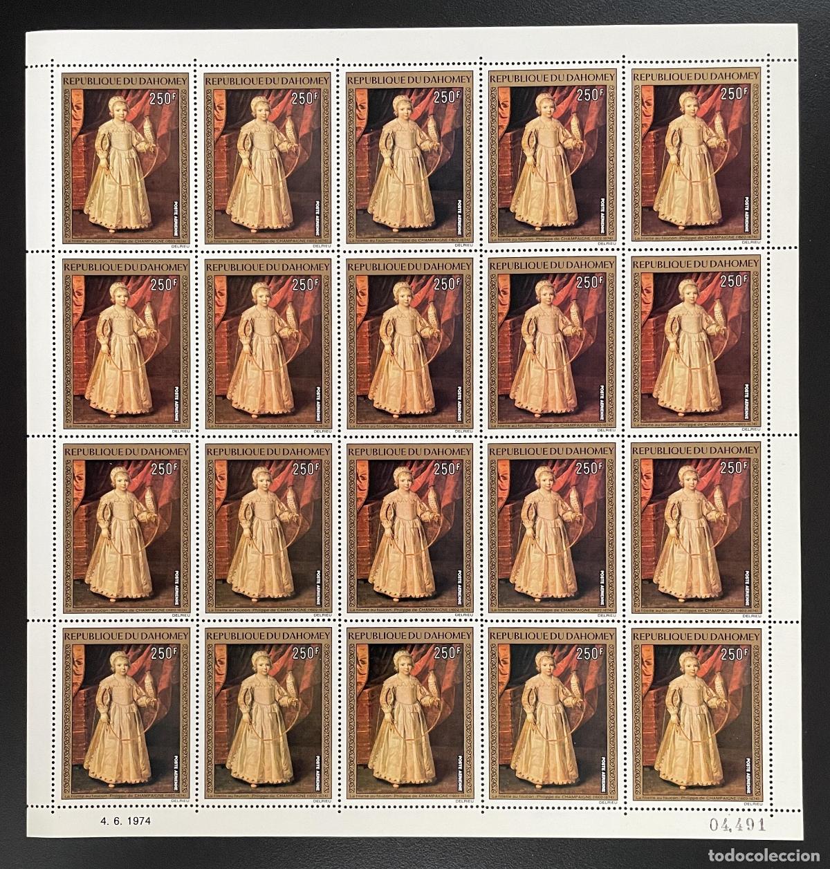 Sellos: Dahomey 1974 YT PA 220 tabl&oacute;n Champaigne pintura infantil arte ni&ntilde;a halc&oacute;n