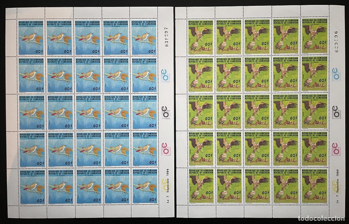Sellos: Camer&uacute;n 1984 YT 742-743 tabl&oacute;n p&aacute;jaros ruise&ntilde;or buitre fauna naturaleza animales