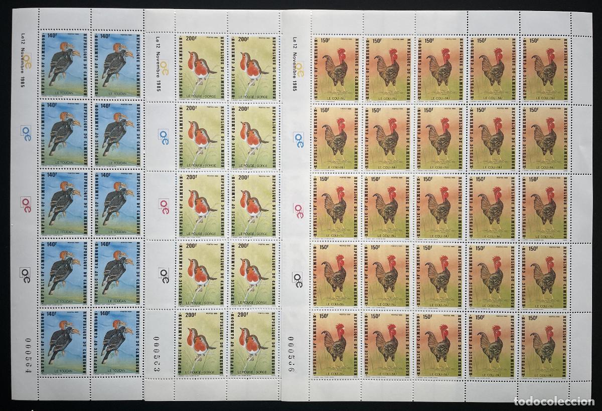 Sellos: Camer&uacute;n 1985 YT 777-779 tabl&oacute;n p&aacute;jaros tuc&aacute;n petirrojo gallo aves