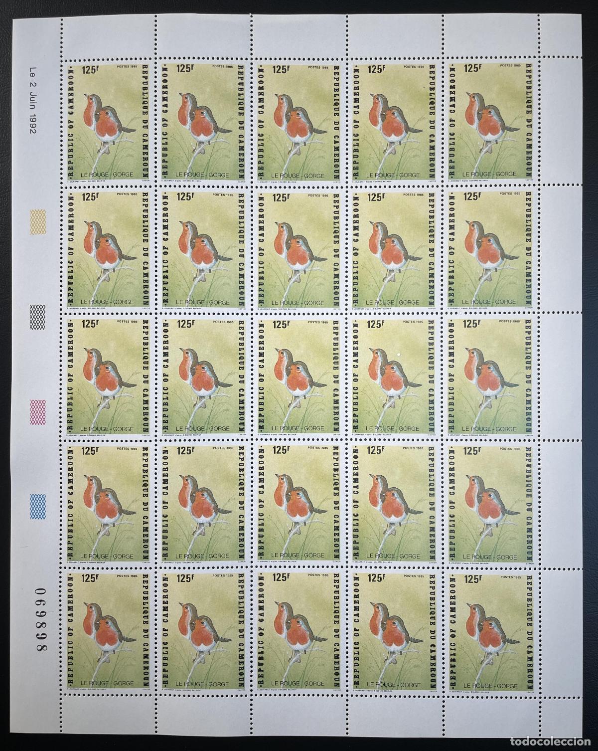 Francobolli: Camer&uacute;n 1992 YT 854 tabl&oacute;n p&aacute;jaros petirrojos fauna ornitolog&iacute;a