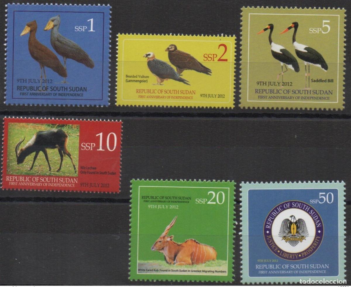 Sellos: Sud&aacute;n del Sur 2012 Mi. 3 - 8 Vida silvestre Aves P&aacute;jaros Escudo de armas 9&ordm; 1 50 SSP MNH