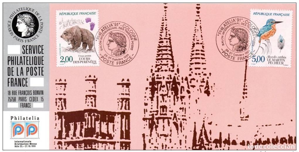 Sellos: 079 Mapa oficial Exposici&oacute;n Filatelia 1991 Francia FDC Ours Bear Oiseau Bird
