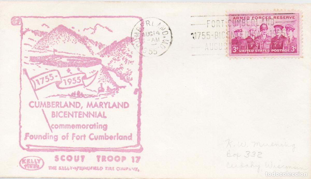 Sellos: ESTADOS UNIDOS, 2&ordm; CENTENARIO DE LA FUNDACION DE FORT CUMBERLAND, MATASELLO DEL 14-8-1955