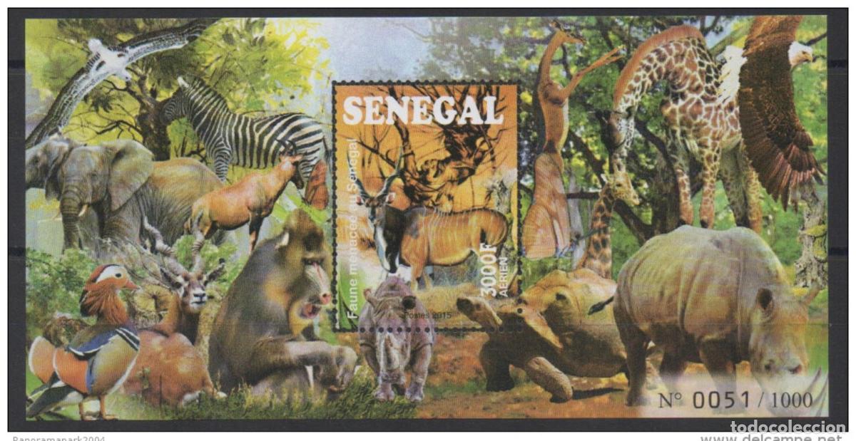 Sellos: Senegal 2015 Bloc Mi. Bl. 109 Fauna en peligro de extinci&oacute;n Aves V&ouml;gel elefantes jirafas