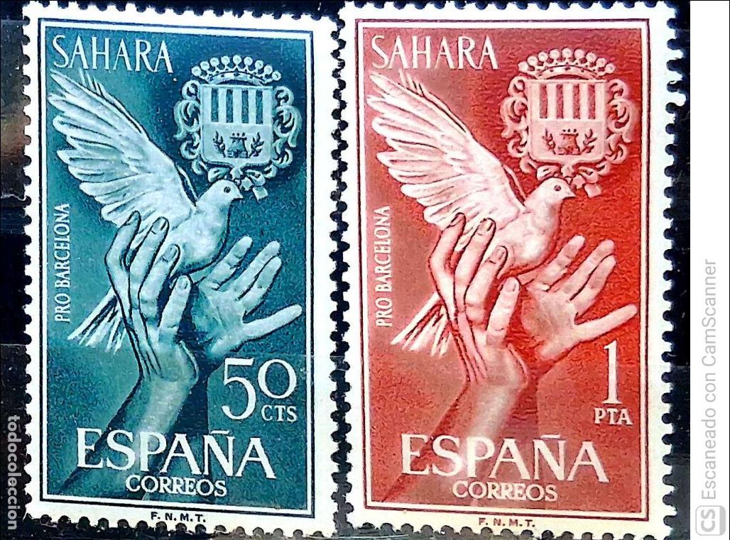 Sellos: Sahara. 220/21 Ayuda a Barcelona: Paloma y escudo. 1963. Sellos nuevos y numeraci&oacute;n Yvert.