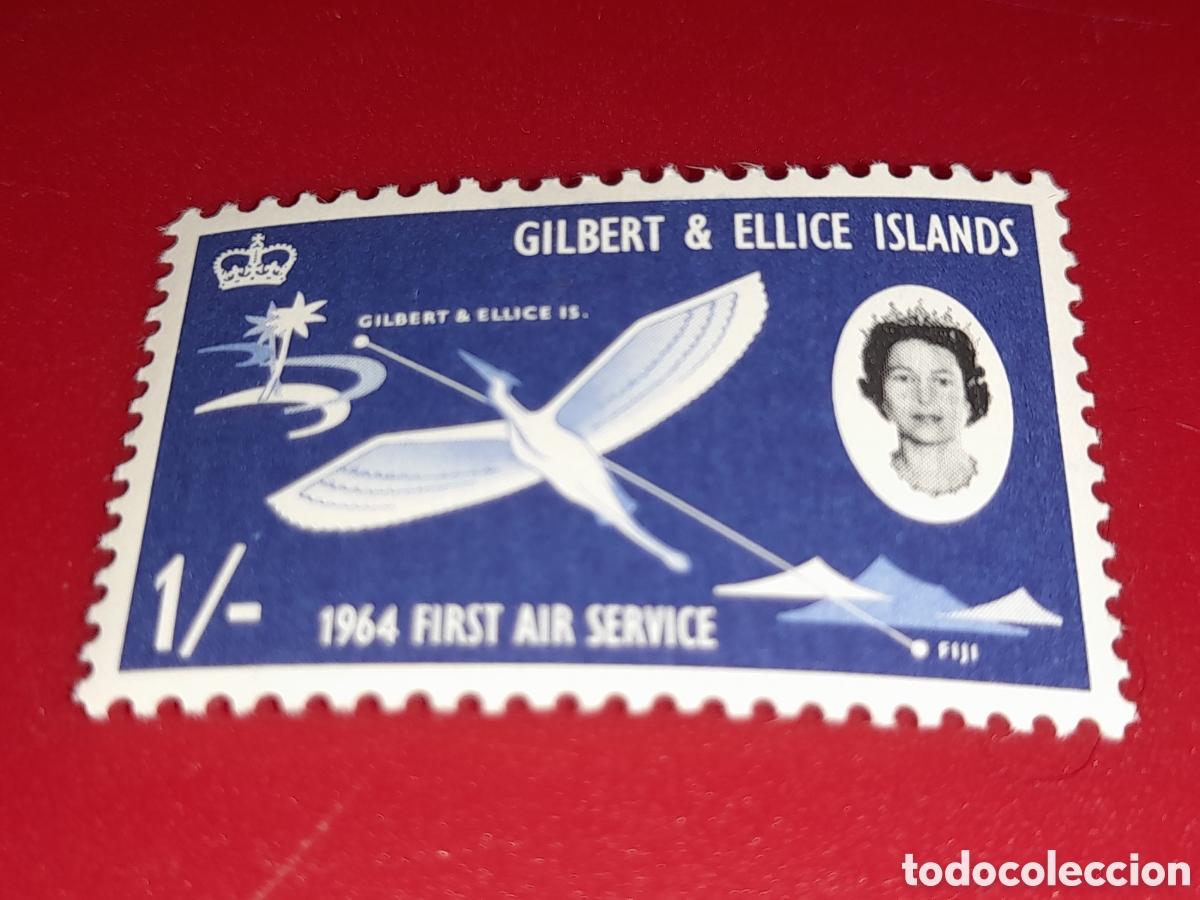 Sellos: Sello (1/3v) Gilbert- Ellice nuevo 1964. Primer vuelo civil. Aviones. Aviacion. Vuelos. Aves. P&aacute;jaro