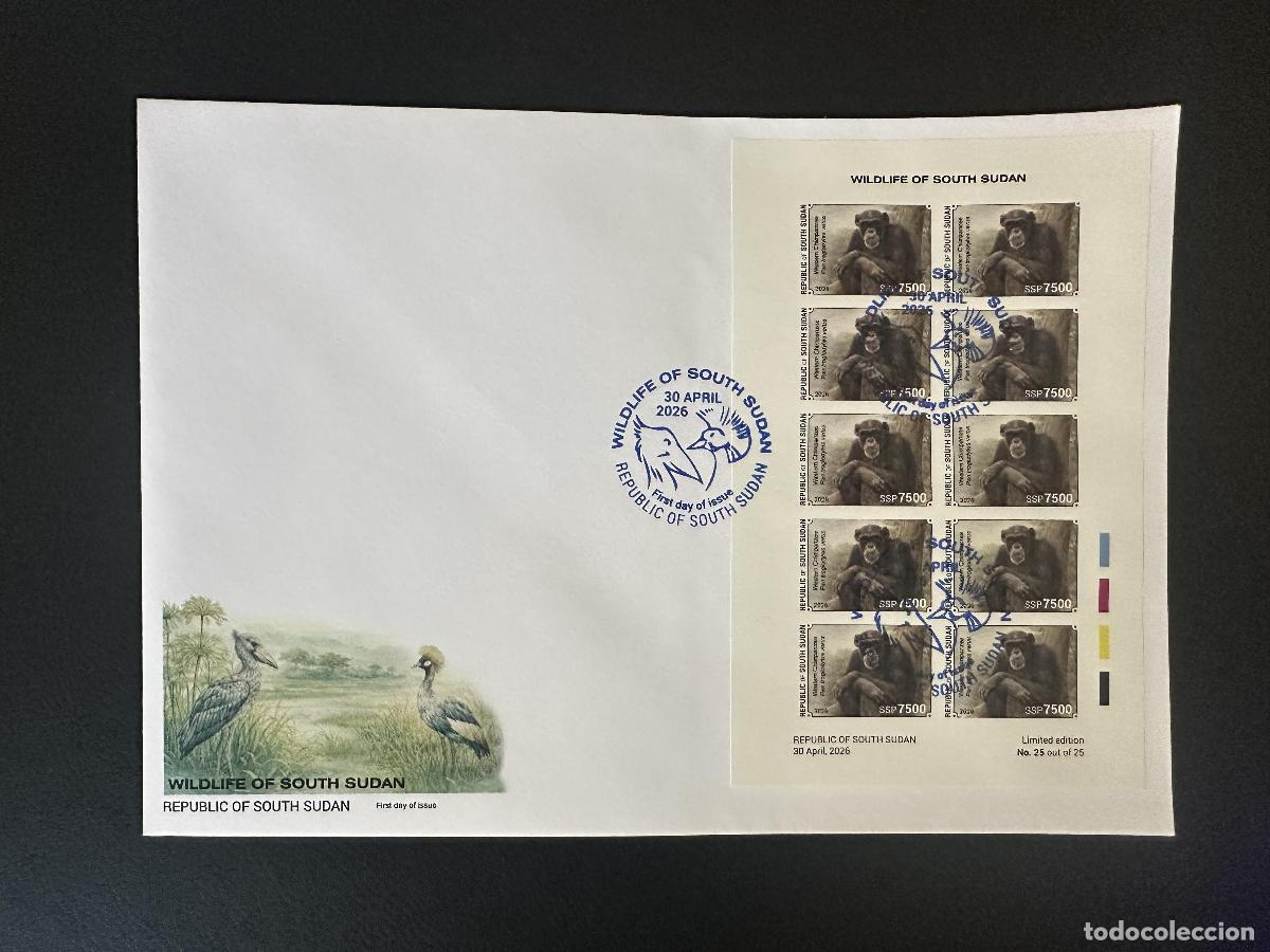 Sellos: Sud&aacute;n del Sur 2026 M/S FDC ND Chimpanc&eacute; fauna silvestre hoja edici&oacute;n limitada