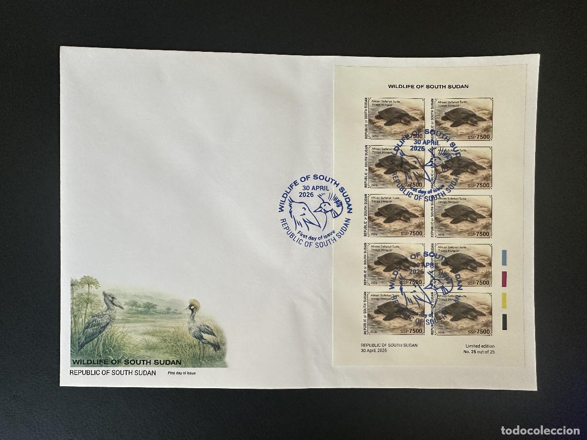 Sellos: Sud&aacute;n del Sur 2026 M/S FDC Tortuga blanda africana Trionyx triunguis Fauna