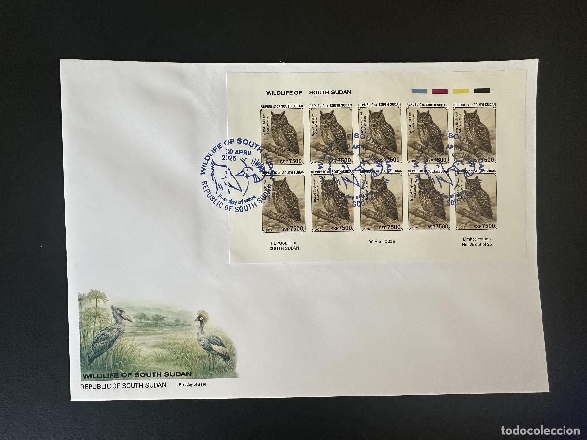 Sellos: Sud&aacute;n del Sur 2026 M/S FDC ND Gran Duque B&uacute;ho Fauna Silvestre Rapaz Nocturna