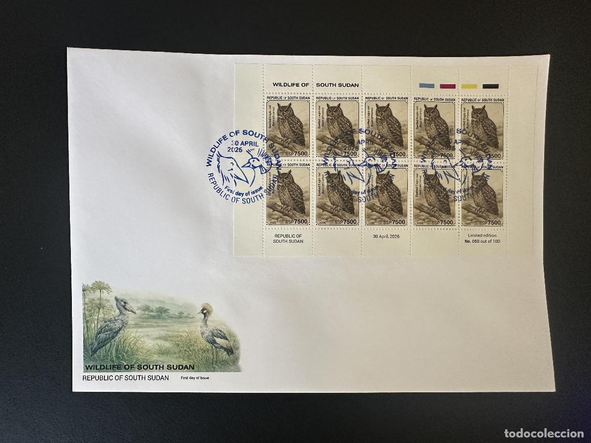 Sellos: Sud&aacute;n del Sur 2026 M/S FDC Gran duque africano b&uacute;ho rapaz fauna silvestre