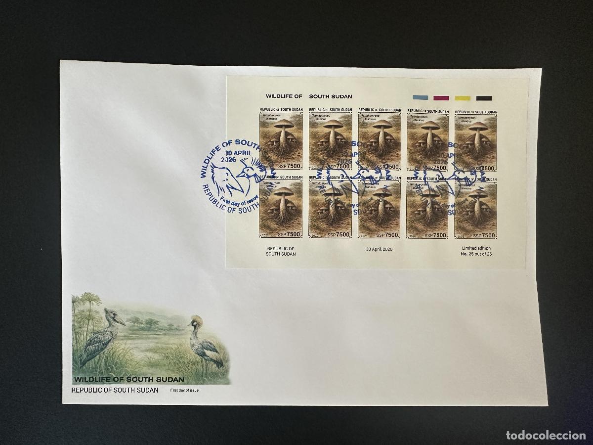 Sellos: Sud&aacute;n del Sur 2026 M/S FDC Setas Termitomyces titanicus Micolog&iacute;a