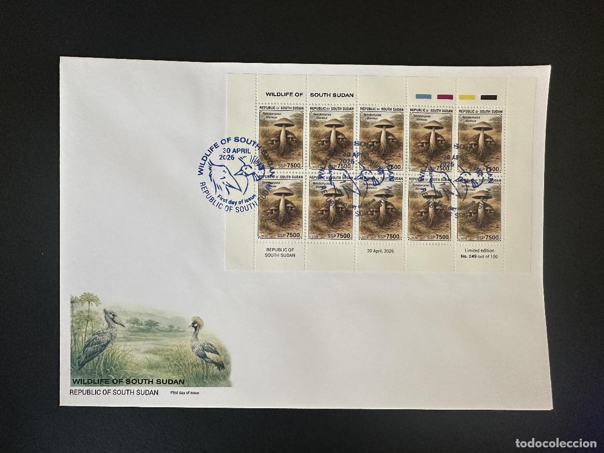 Sellos: Sud&aacute;n del Sur 2026 M/S FDC ND hongos Termitomyces titanicus fauna silvestre