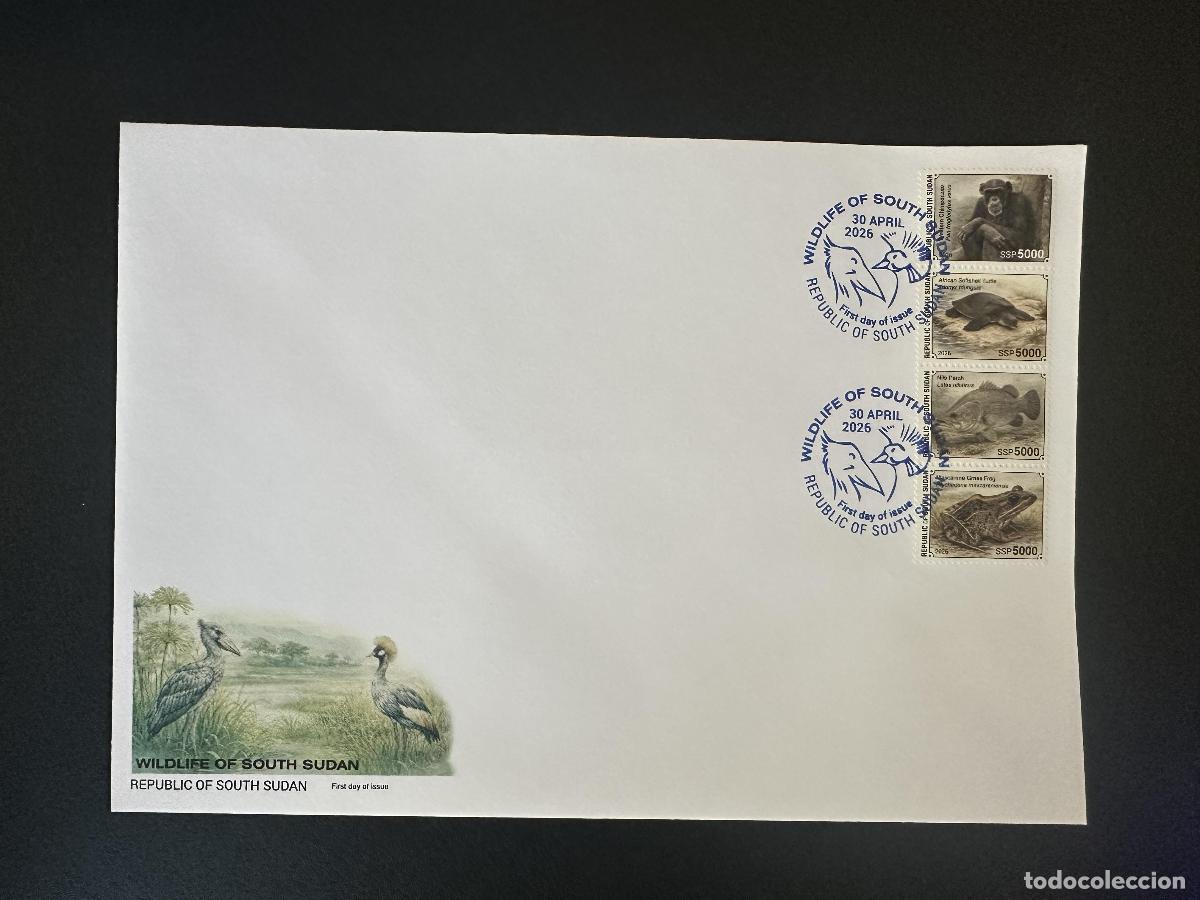 Sellos: Sud&aacute;n del Sur 2026 FDC fauna chimpanc&eacute; tortuga perca Nilo rana