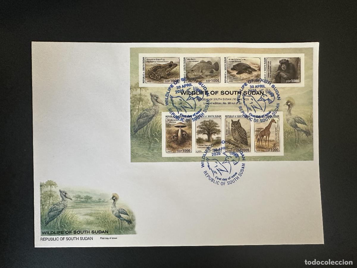 Sellos: Sud&aacute;n del Sur 2026 bloque FDC ND Fauna rana tortuga chimpanc&eacute; jirafa