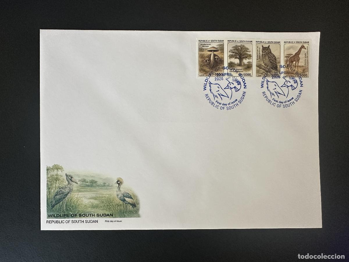 Sellos: Sud&aacute;n del Sur 2026 FDC ND fauna seta baobab b&uacute;ho jirafa picozapato