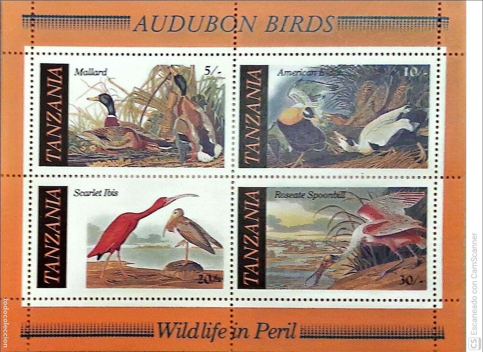 Sellos: Tanzania. HB 45 Bicentenario nacimiento del ornit&oacute;logo Audubon: Aves en peligro de extinci&oacute;n. 1986.