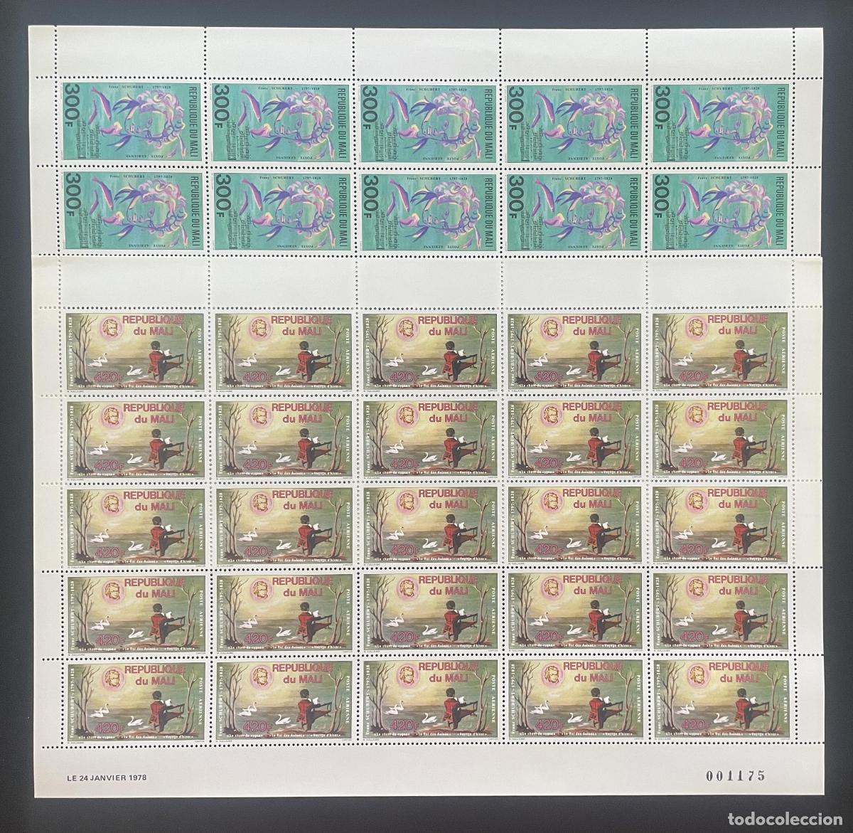 Sellos: Mali 1978 YT PA 318-319 bloque Schubert m&uacute;sica cisnes ballet