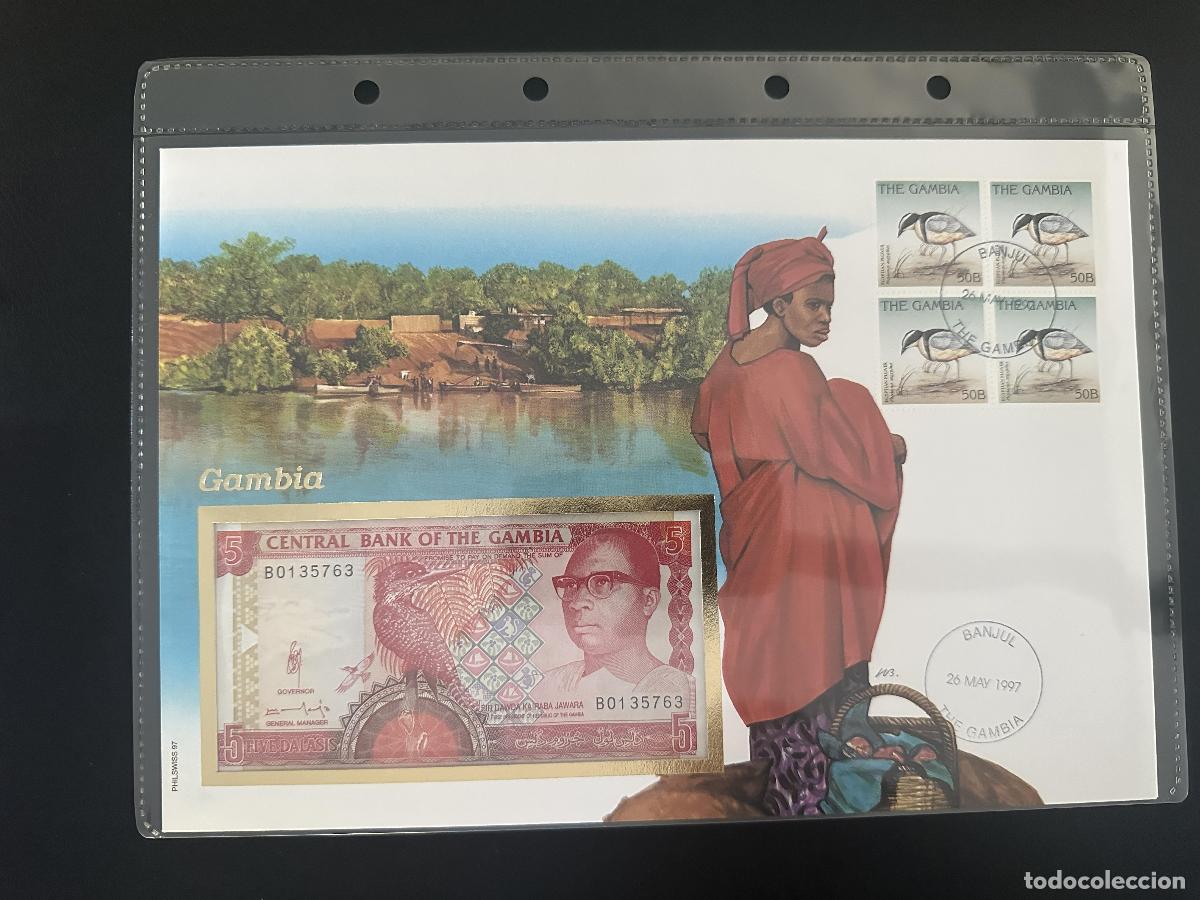 Sellos: Gambia sobre numism&aacute;tico 5 Dalasis sellos aves Banjul 1997