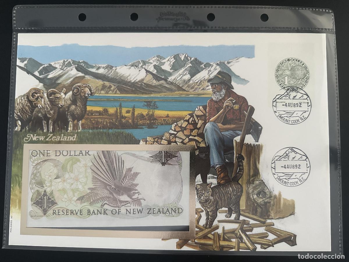 Sellos: Nueva Zelanda 1 D&oacute;lar Carta Billete Philswiss Monte Cook 1892