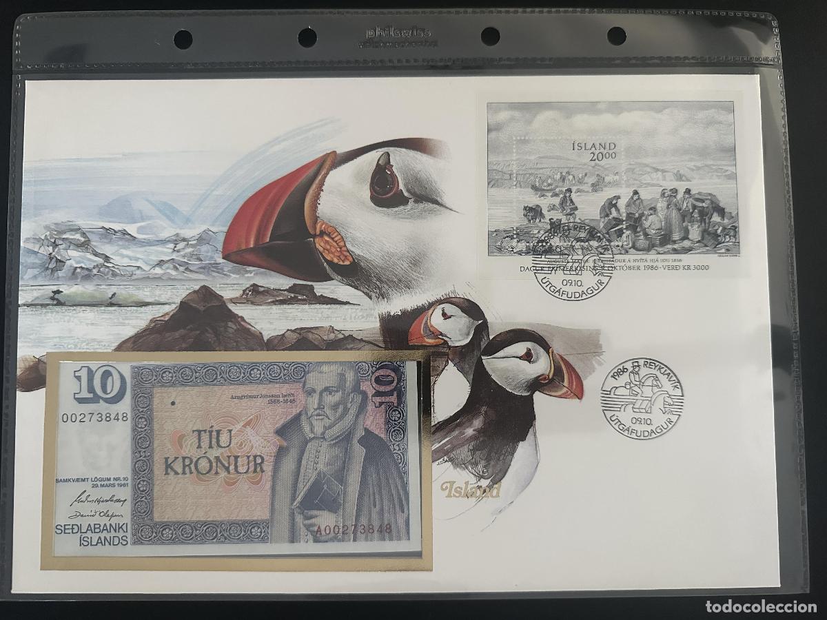 Sellos: Islandia 1986 sobre numism&aacute;tico billete 10 Kronur bloque frailecillo