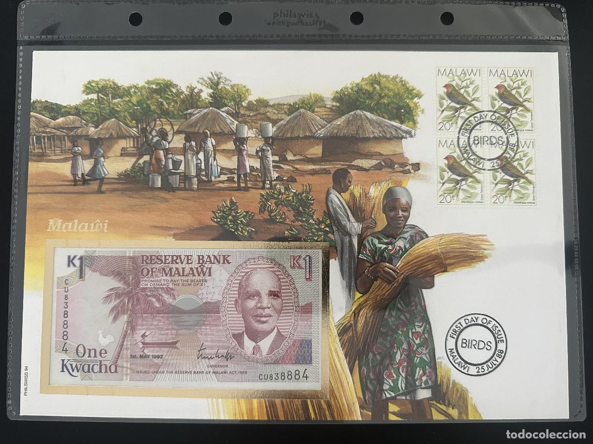 Sellos: Malawi FDC Philswiss 1988 aves billete 1 Kwacha 1992 numiscover