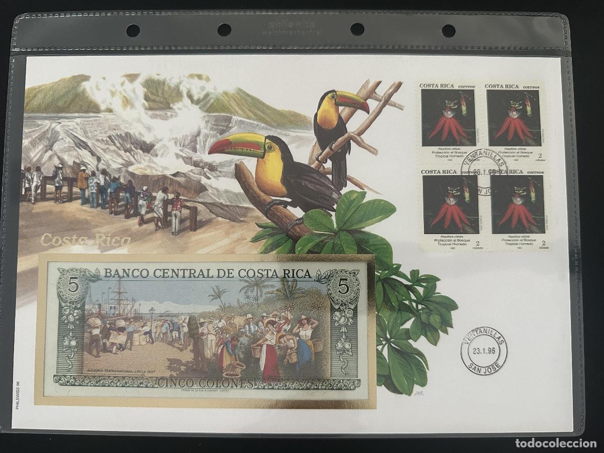 Sellos: Costa Rica sobre numism&aacute;tico billete 5 colones sellos 1996