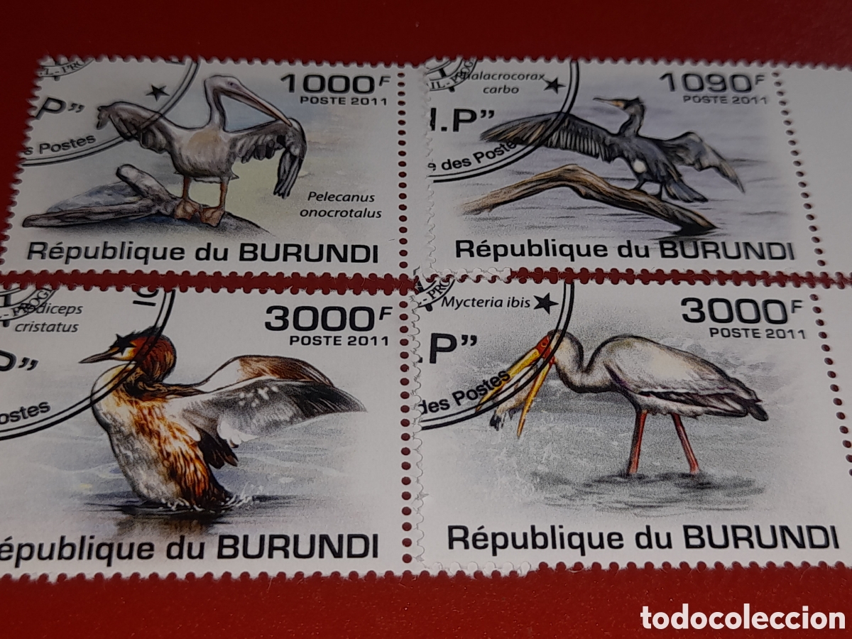 Sellos: Sello Burundi mtdo 2011. Aves. P&aacute;jaros. Pel&iacute;cano. Fauna. Naturaleza. Ibis. Garza. Corboran Somormujo