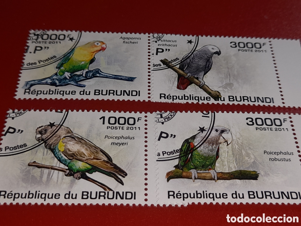 Sellos: Sello Burundi mtdo 2011. Aves tropicales. P&aacute;jaros. Yaco. Agaporni. Loros. Cacatua. Fauna. Naturaleza
