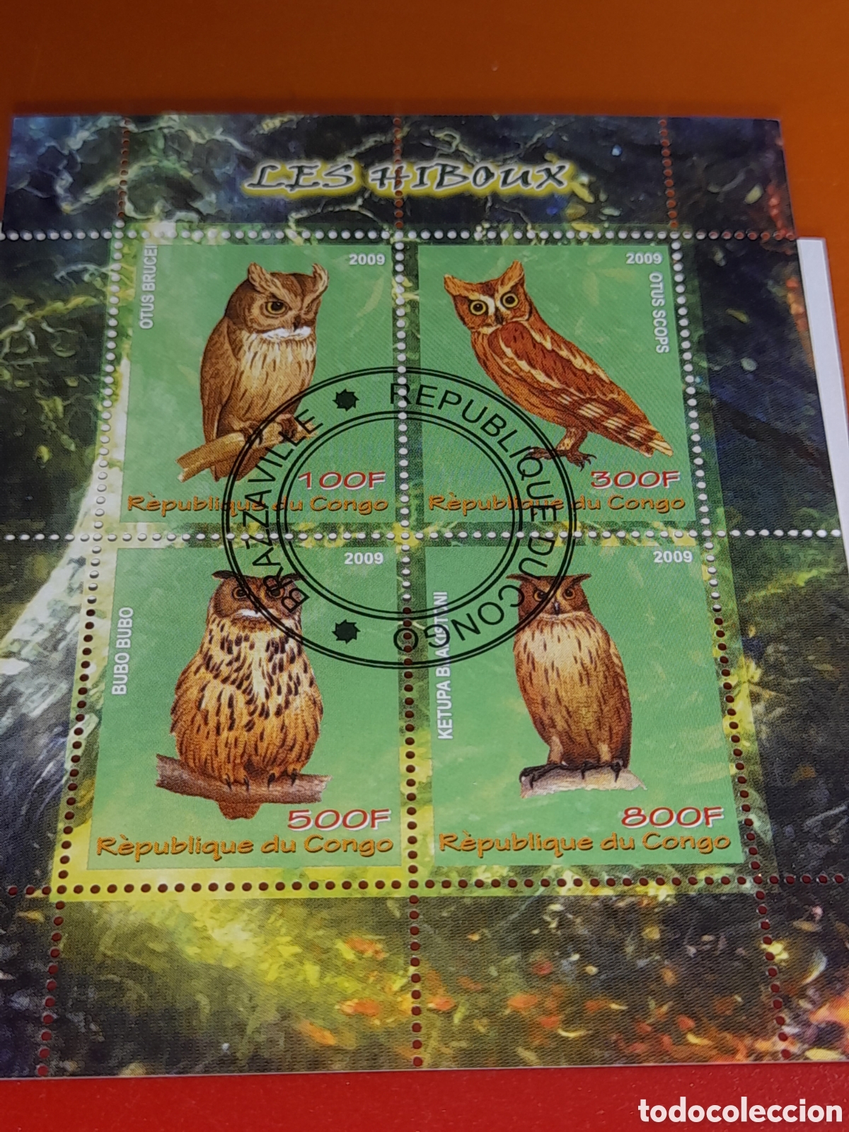 Sellos: HB Congo mtdo 2009. B&uacute;ho. Mochuelo. Lechuza. Aves. P&aacute;jaros. Fauna.