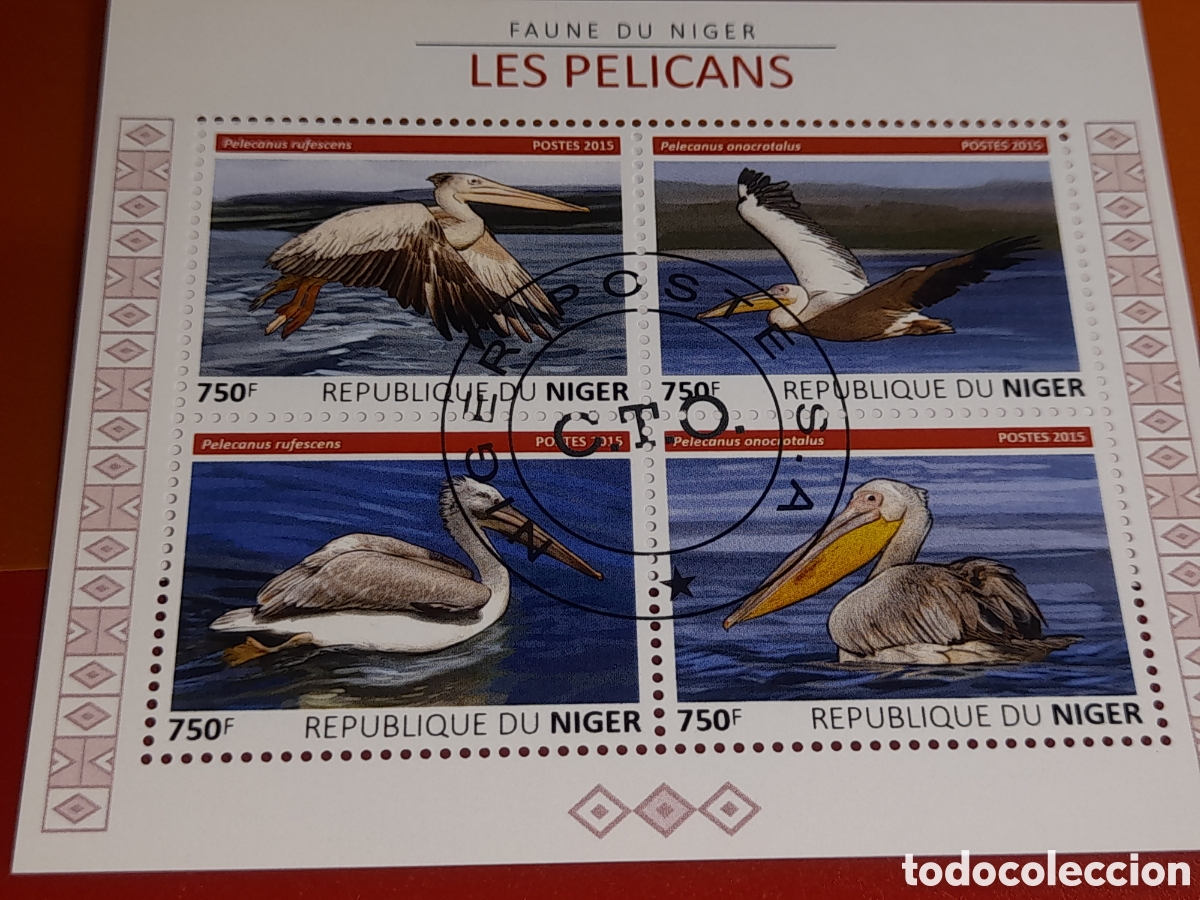 Sellos: HB N&iacute;ger mtdo 2015. Pel&iacute;cano. Aves. P&aacute;jaros. Fauna. Animales salvajes.