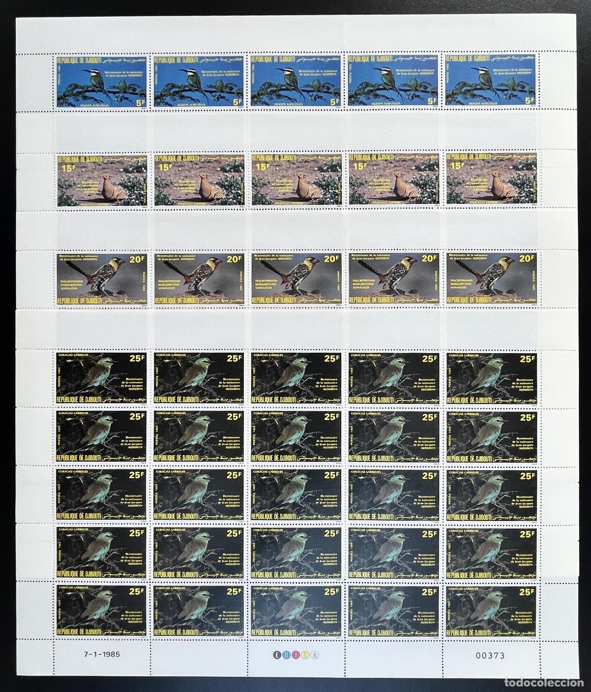 Sellos: Yibuti 1985 YT 596-599 bloque aves Audubon Merops Coracias