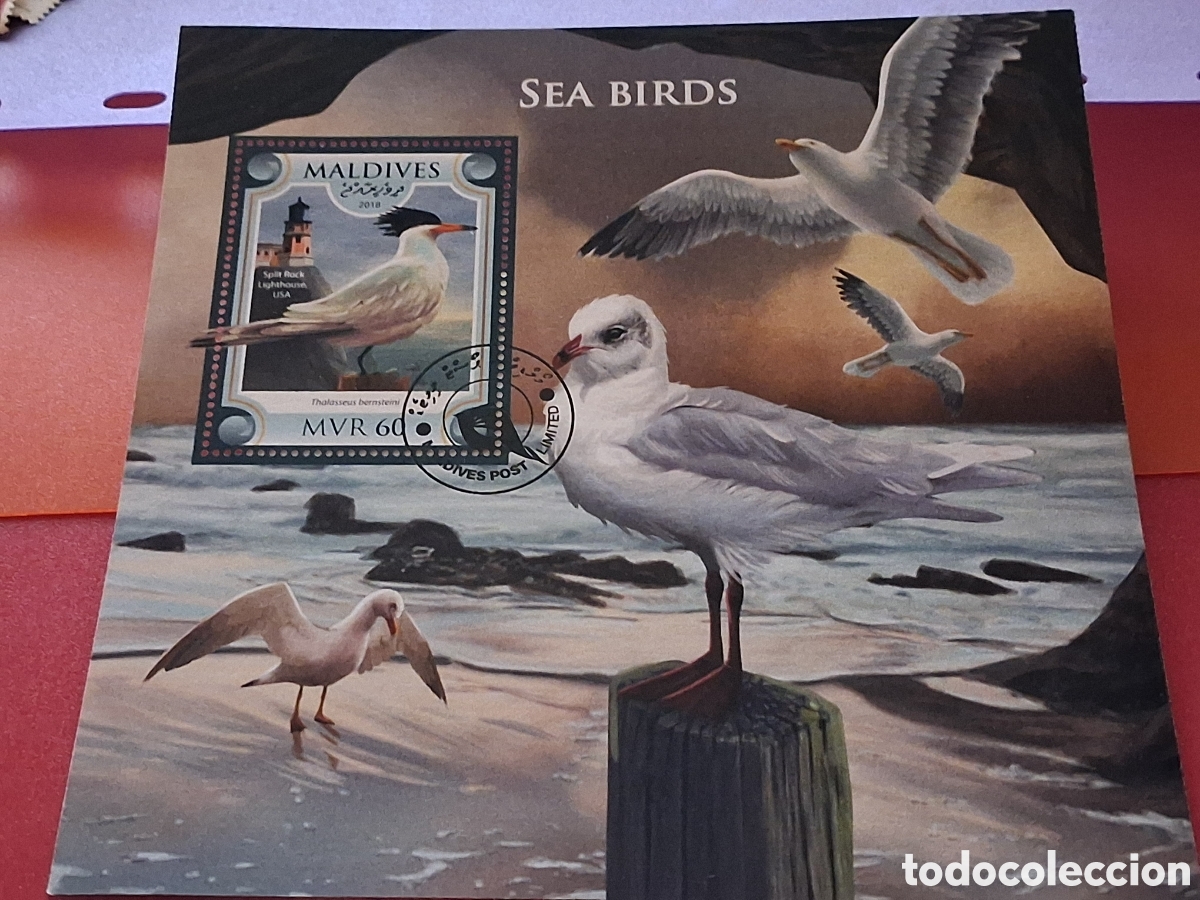 Sellos: HB Maldivas mtdo 2018.. Aves. P&aacute;jaros. Fauna. Gaviota. Garza. Faro. Barco. Costa. Acantilado