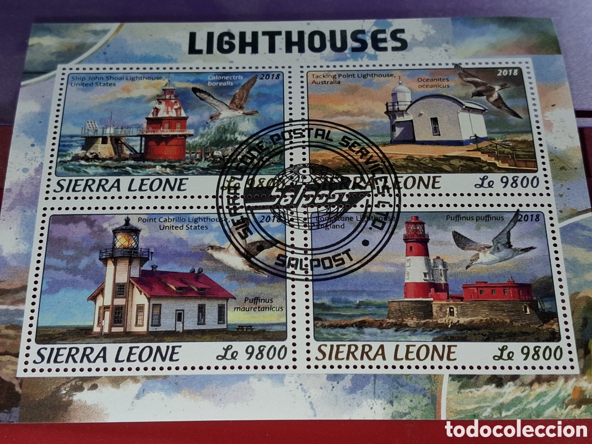 Sellos: HB Sierra Leona mtdo 2018. Faros. Arquitectura. Costa. Aves. Pajaros. Gaviota. Barcos.