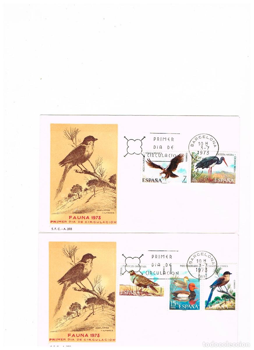 Sellos: EDIFIL 2134/9, FAUNA HISPANICA, AVES, PRIMER DIA DE 3-7-1973, 2 SOBRES DEL SFC