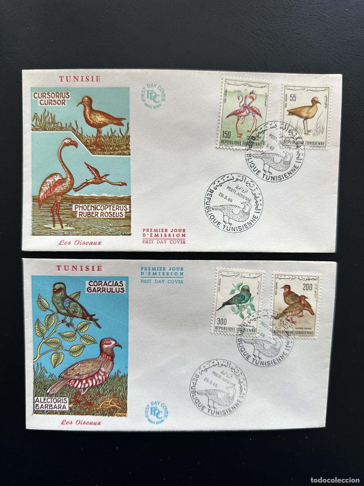 Sellos: T&uacute;nez 1966 YT PA 26 28 29 33 FDC Aves Flamenco Perdiz Carraca