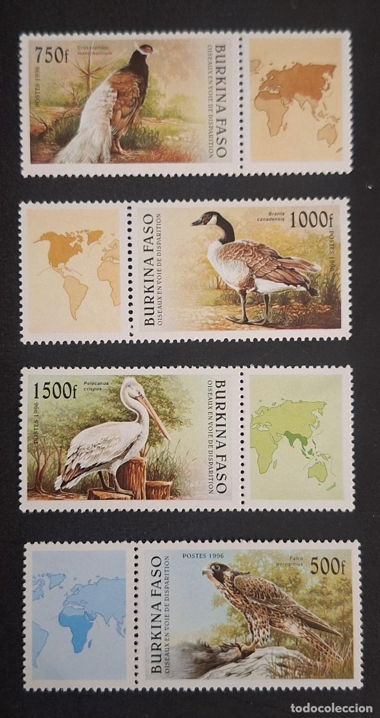 Sellos: Burkina Faso 1996 Mi. 1406-1409 aves amenazadas pel&iacute;cano halc&oacute;n pavo real