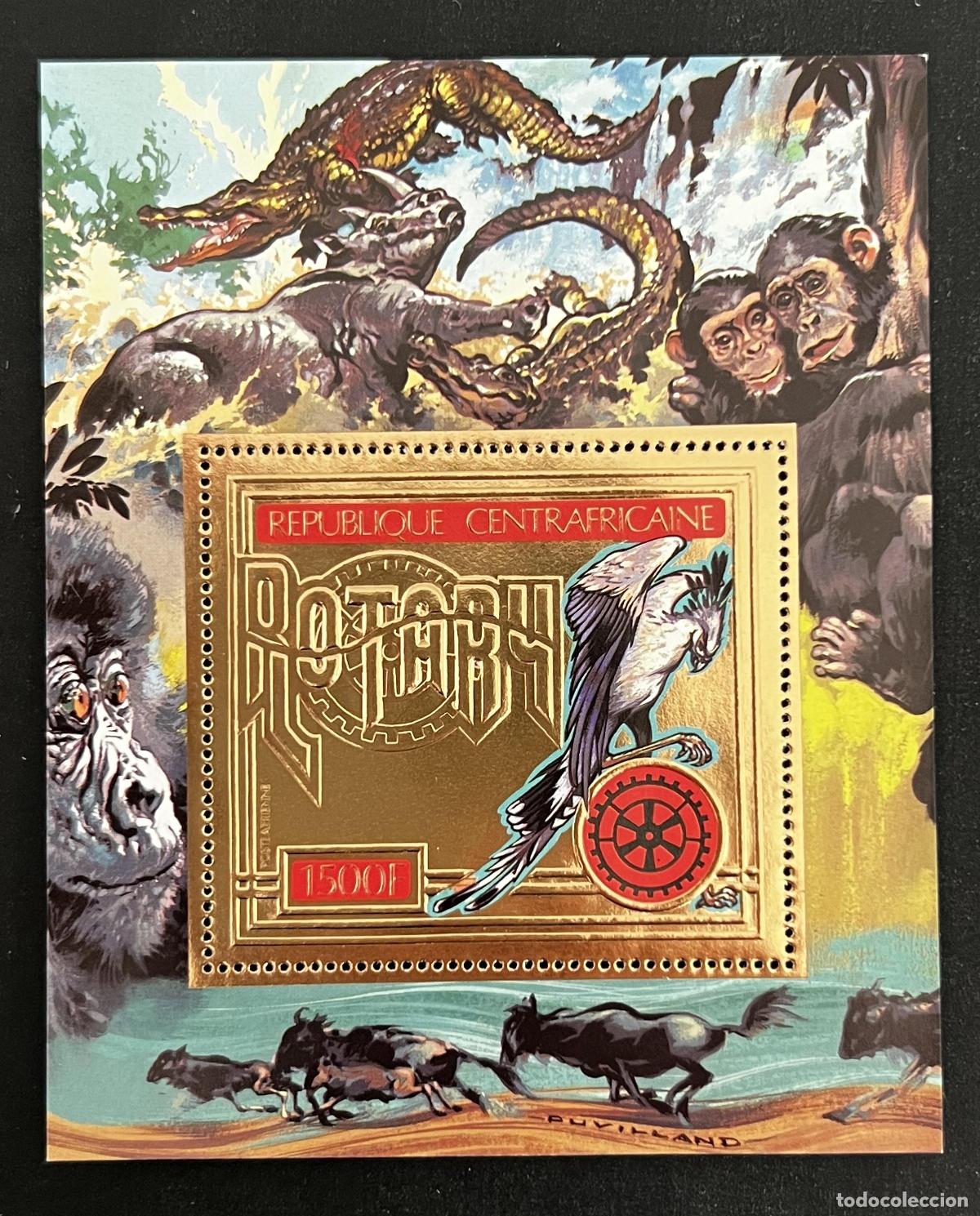Sellos: Centro&aacute;frica 1982 Mi. Bl. 172A Rotary ave rapaz gorila fauna oro