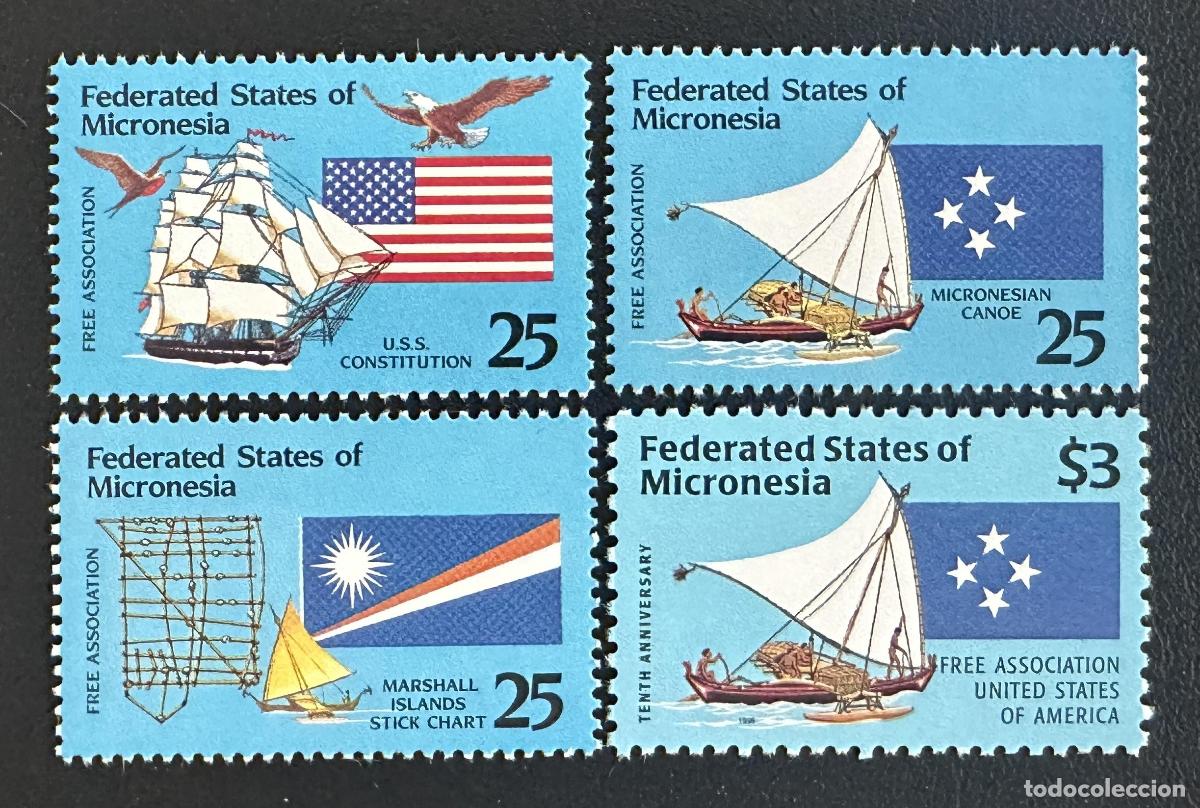 Sellos: Micronesia 1990 Mi. 196-198 528 emisi&oacute;n conjunta banderas barcos