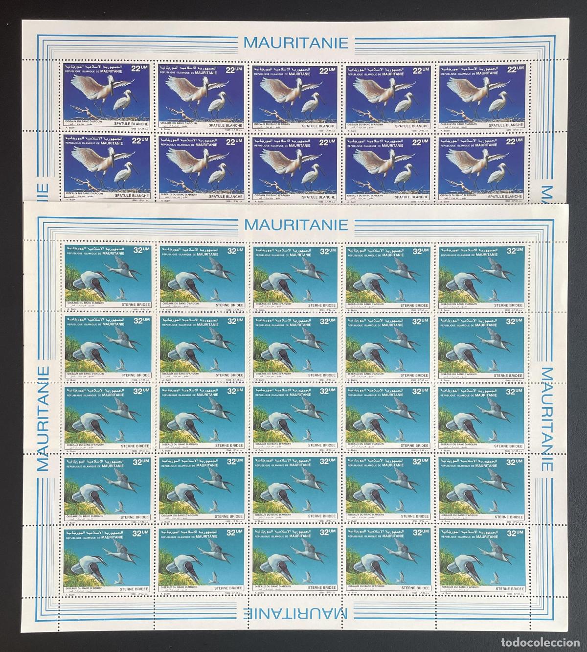 Sellos: Mauritania 1986 YT 590-591 bloque aves esp&aacute;tula charr&aacute;n embridado