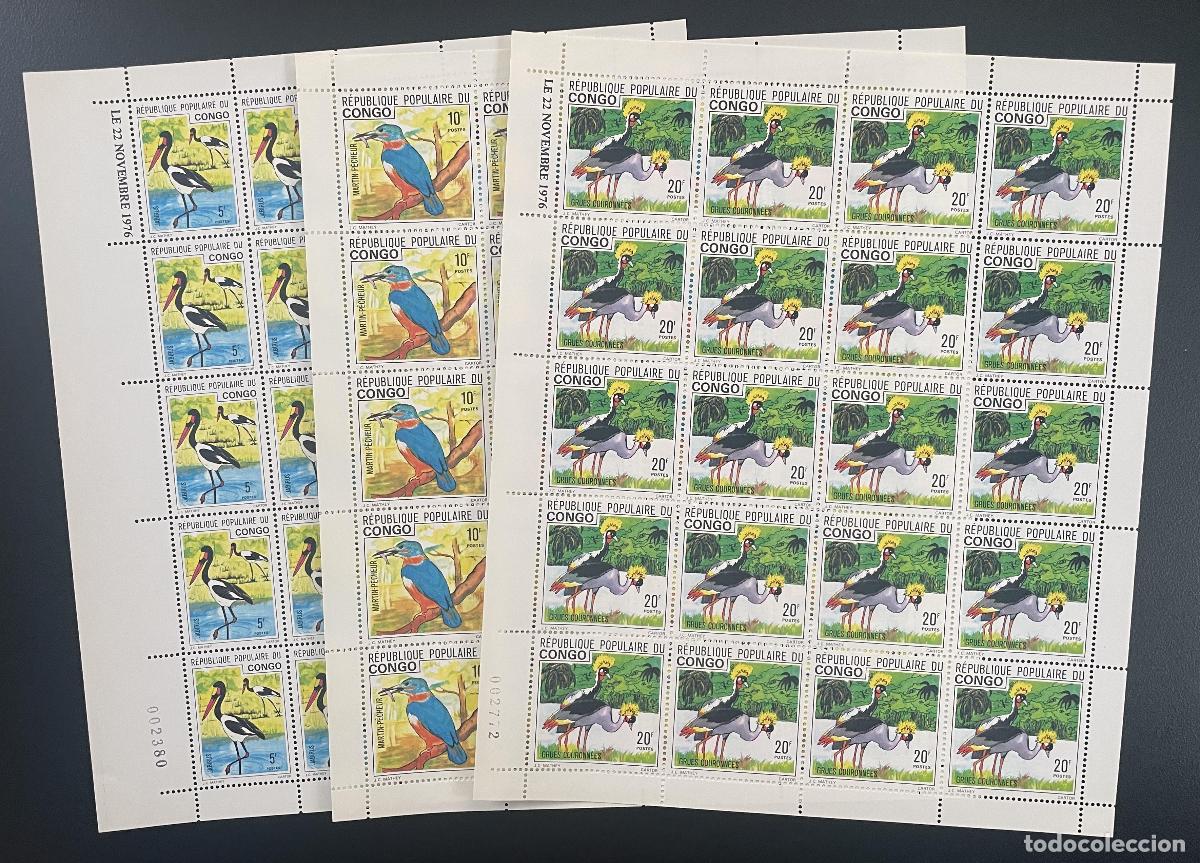 Sellos: Congo 1976 YT 437-439 tabl&oacute;n aves vida silvestre naturaleza animales martines pescadores