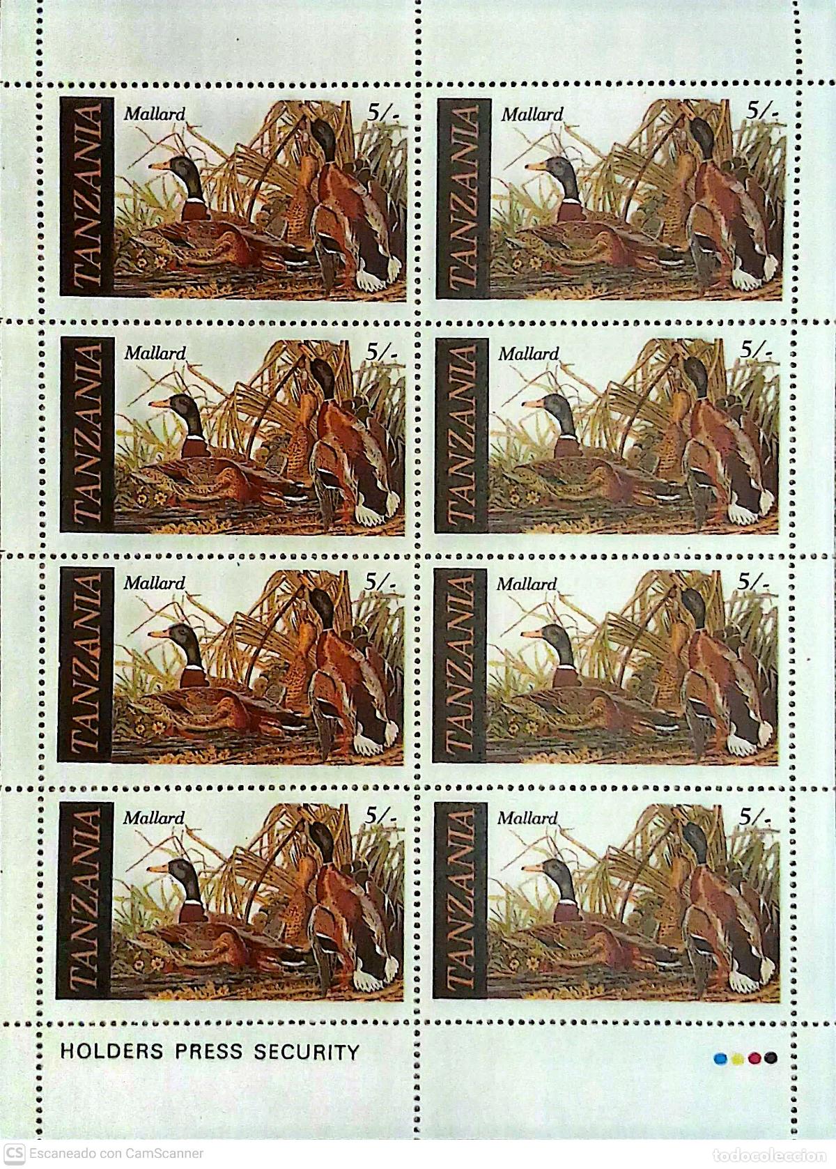 Sellos: Tanzania. 277 Bicentenario nacimiento del ornit&oacute;logo J.J. Audubon: Pato mallard, en MH. 1986. Sell