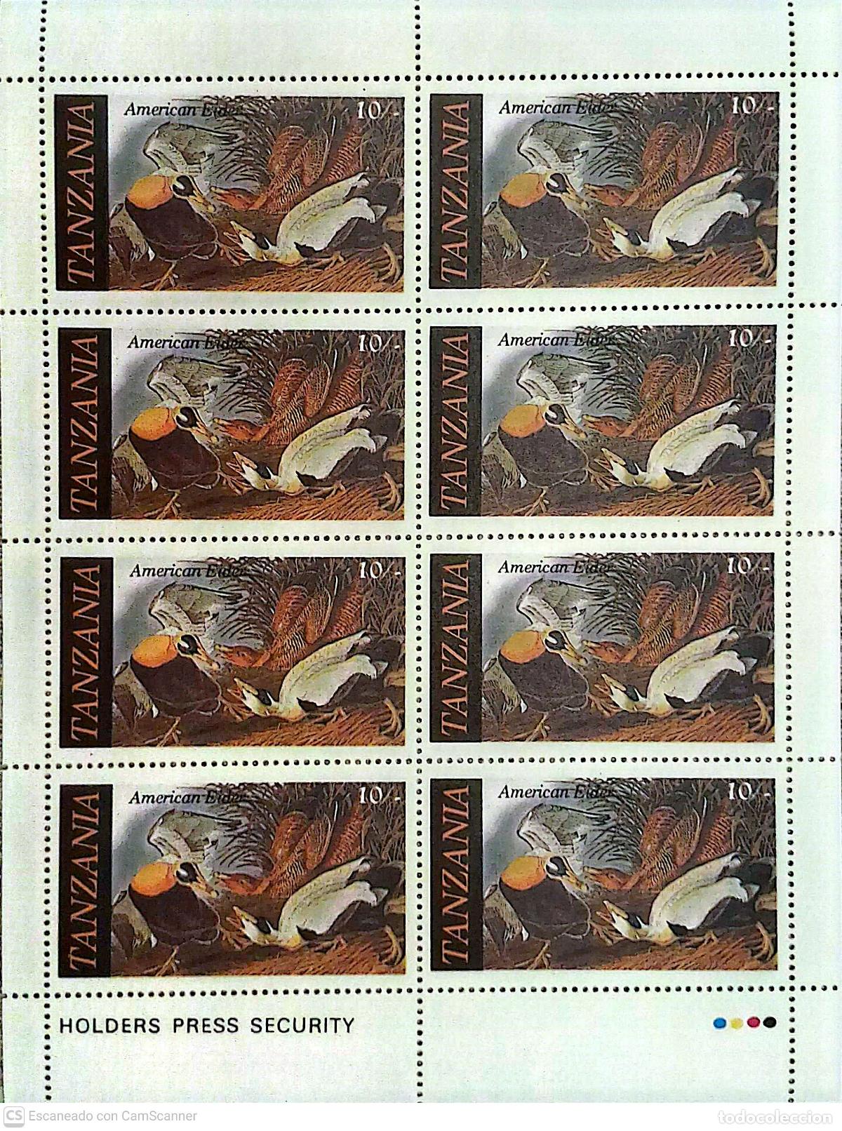 Sellos: Tanzania. 278 Bicentenario nacimiento del ornit&oacute;logo J.J. Audubon: Pato eider, en MH. 1986. Sellos
