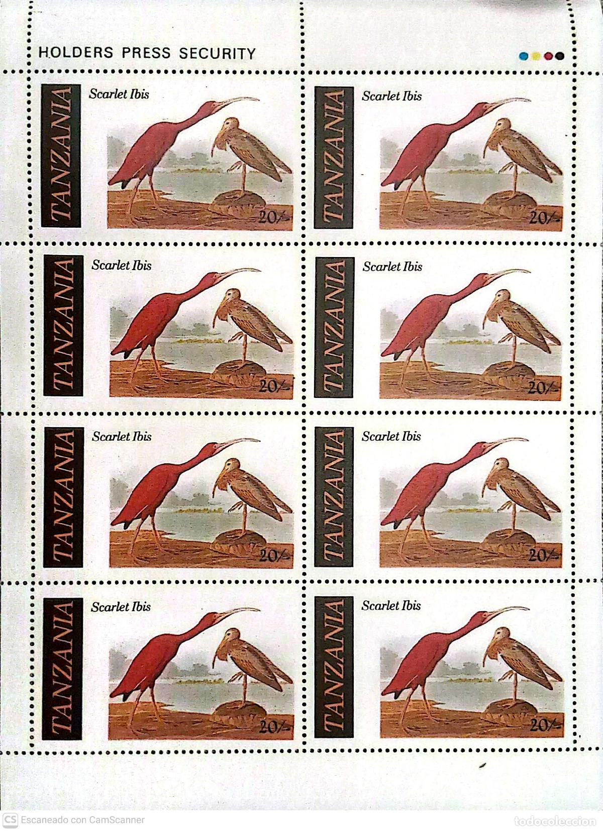 Sellos: Tanzania. 279 Bicentenario nacimiento del ornit&oacute;logo J.J. Audubon: Pato ibis escarlata, en MH. 1986
