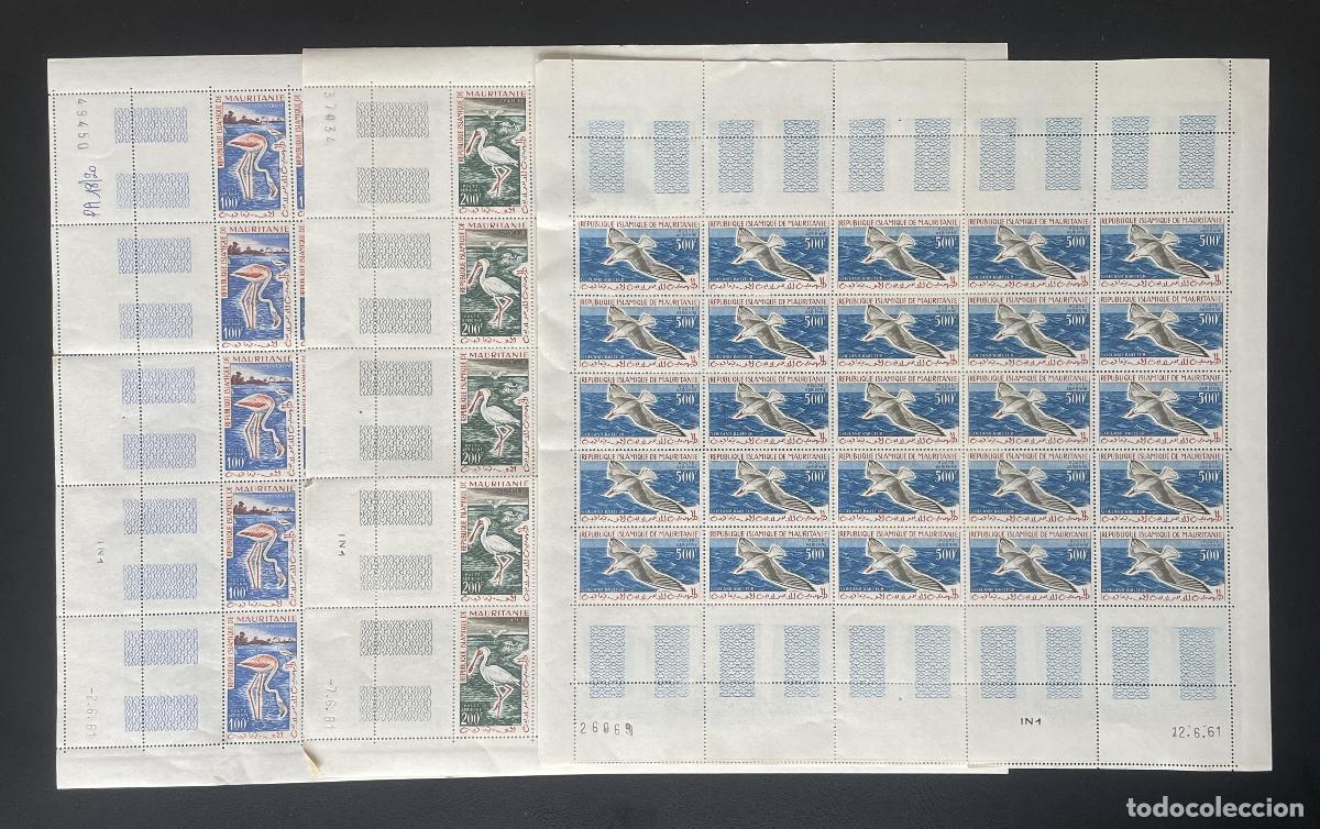 Sellos: Mauritania 1961 YT PA 18-20 bloque aves flamenco esp&aacute;tula gaviota