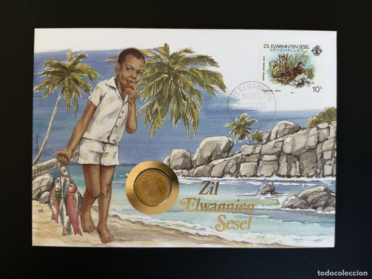 Sellos: Sobre numism&aacute;tico Zil Elwannyen Sesel Seychelles 1991 moneda